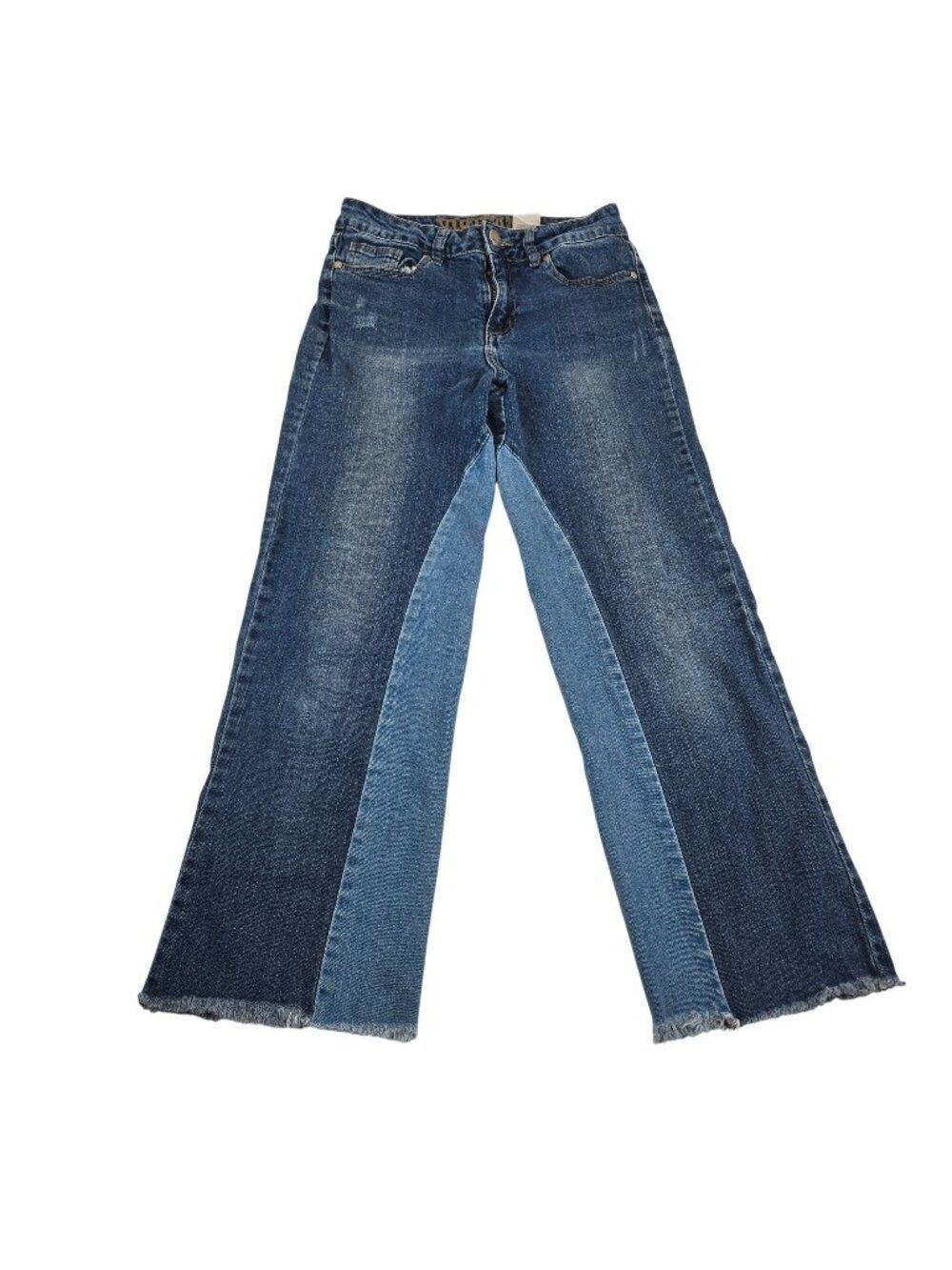 Two Tone High Waist Flare Jeans Distressed Hem Cropped  Juniors Size 5